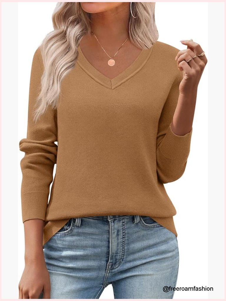 Women's V Neck Pullover Sweater Long Sleeve Ribbed Knit Lightweight Tops